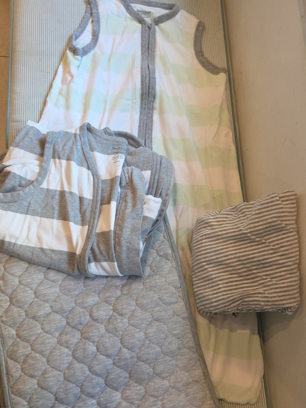 Burt's Bees Baby Green&White Sleep Sack. 2 Mattress Protectors 1 Sheet